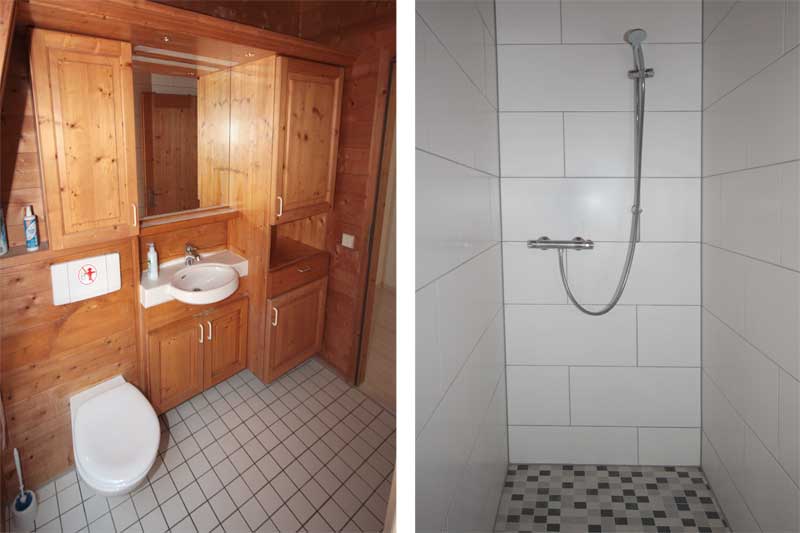 Rustikales Bad mit Toilette, Waschbecken und Dusche